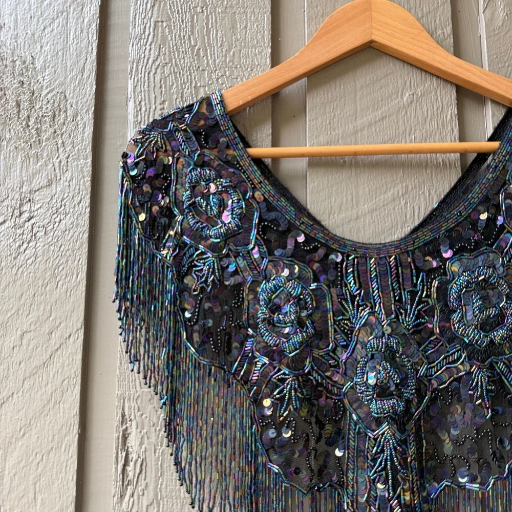 Vintage Beaded Fringe Capelet Shawl Womens Iridescent Floral One Size Black